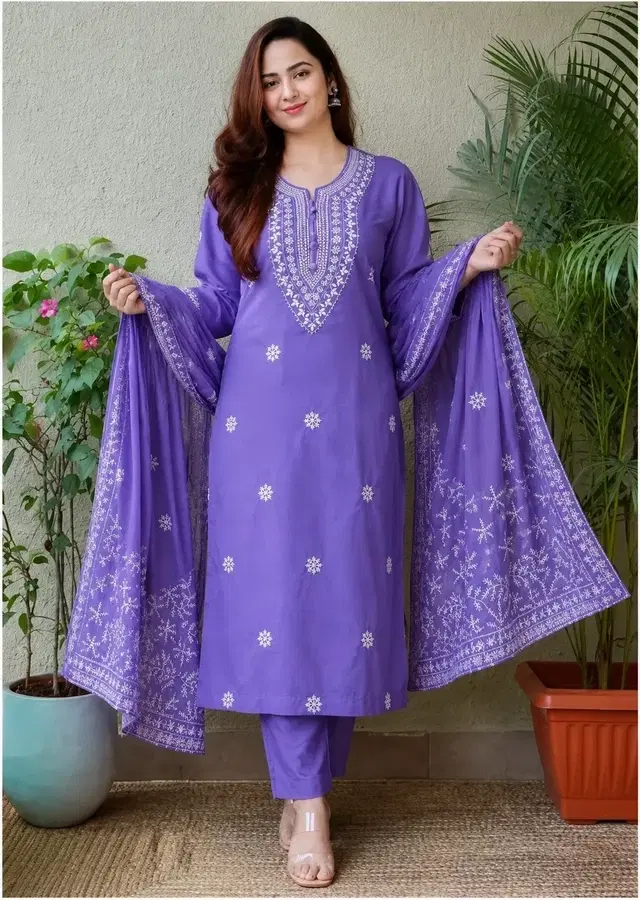 Rayon embroidered A-line Kurta Set for Women ( Purple,XL )