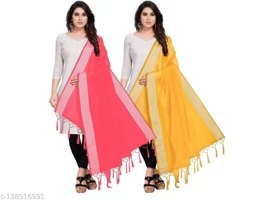 Solid Cotton Silk Dupatta with Tassels for Women, Pack of 2 (Pink, One Size)