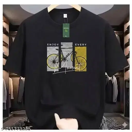 Round Neck Printed T-shirts for Men (Black, M)