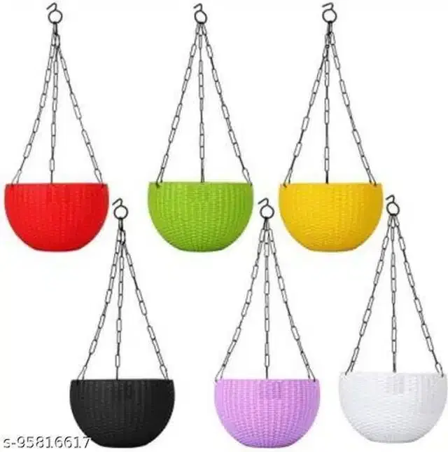 Plastic Basket Planters with Hanging Chain for Home, Pack of 6, Multicolor