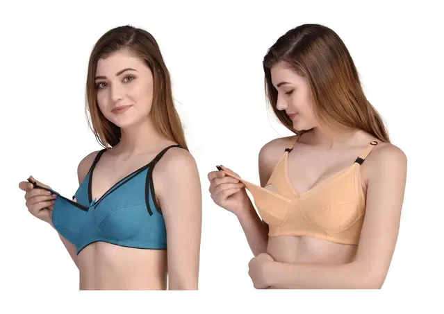 Cotton Blend Solid Non Padded Feeding Bras for Women, Pack of 2 (Multicolor, 40)