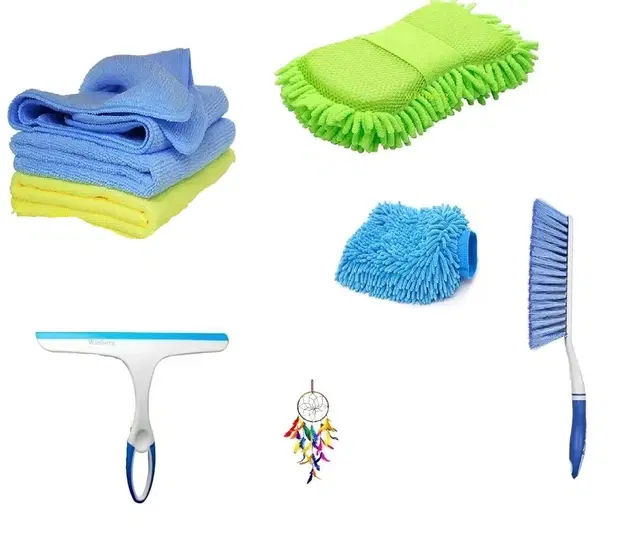 Winberg Car Cleaning Combo Pack Microfiber Towel 3 pcs, 1 Carpet Brush, 1 Cleaning Microfiber Sponge, 1 Glass Wiper, 1 Microfiber Cleaning Glove full Interior and Exterior Cleaning Kit &1 Dream Catcher (Pack of 8) Assorted