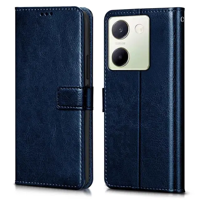 Artificial Leather Mobile Flip Cover for Vivo Y200 Pro 5G, Blue