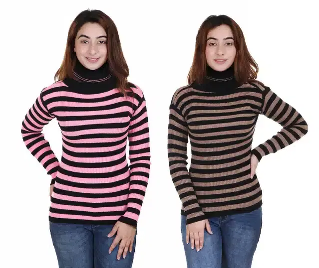 Full Sleeves Striped Sweater for Women, Pack of 2 (Light Pink & Brown, M)