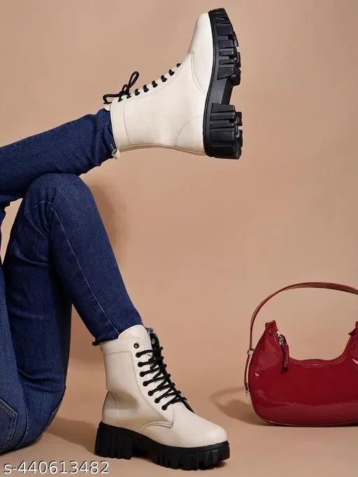 Shoetopia Solid Block Heel Boots Cream (IND-7)