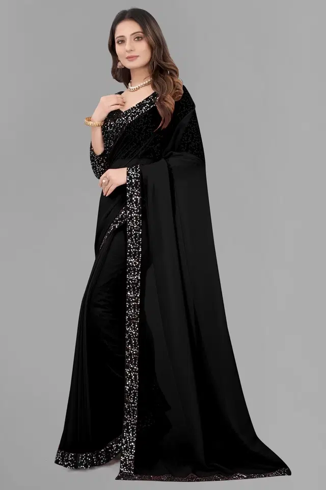 Lycra Solid Saree for Women, Black (6.3 m)
