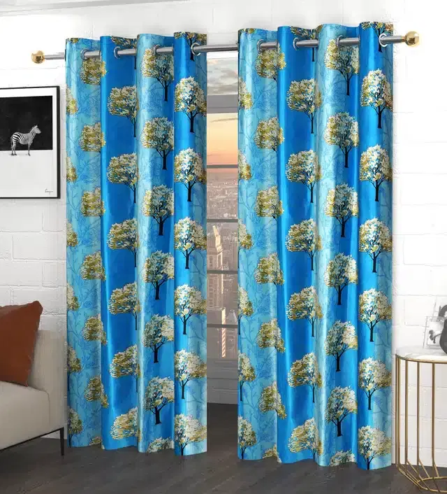 Polyester Printed Curtains for Door & Windows, Pack of 2, Aqua Blue, 5 feet
