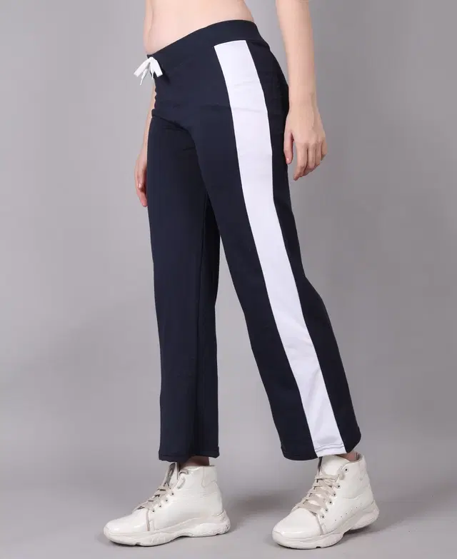 Cotton Striped Trackpant for Women (Navy Blue, M)