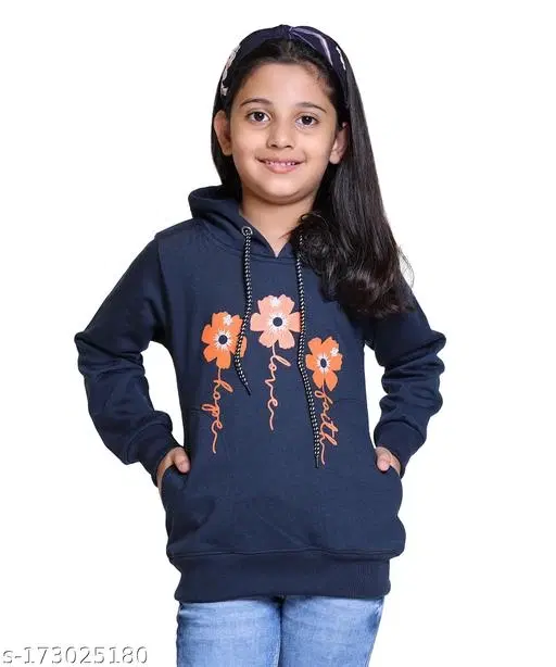 Woolen Printed Hoodie for Girls (Navy blue, 3-4 Years)