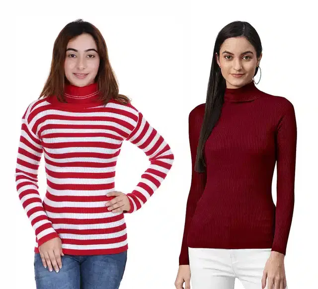 Full Sleeves Solid Sweater for Women, Pack of 2 (Maroon & Red, M)