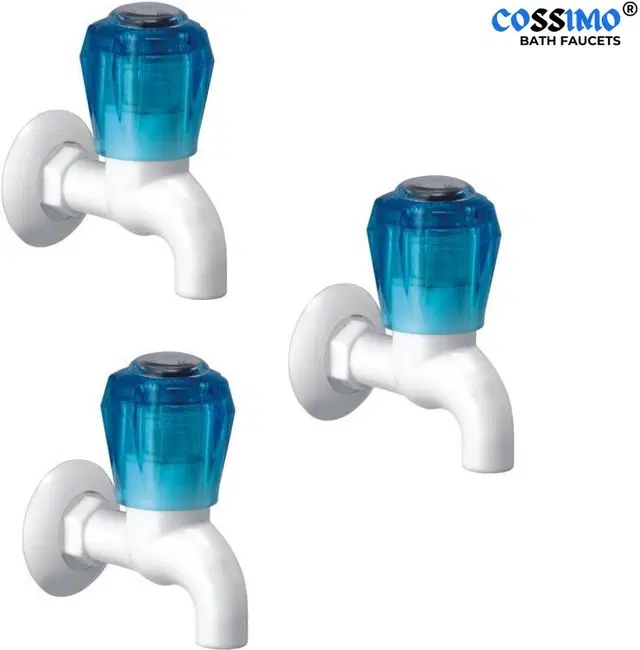 Plastic Short Body Bib Cock Tap with Wall Flange, White, Set of 3