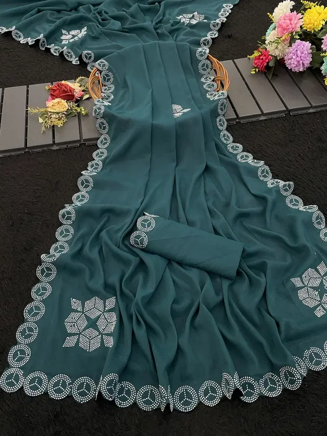 Crepe Solid Saree for Women, Teal (6.3 m)