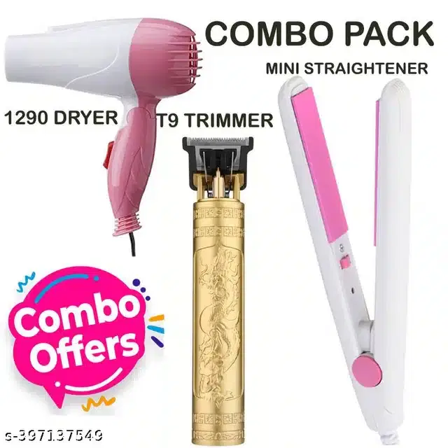 Combo of Hair Straightener with Dryer and Trimmer for Men & Women, Multicolor, Set of 3