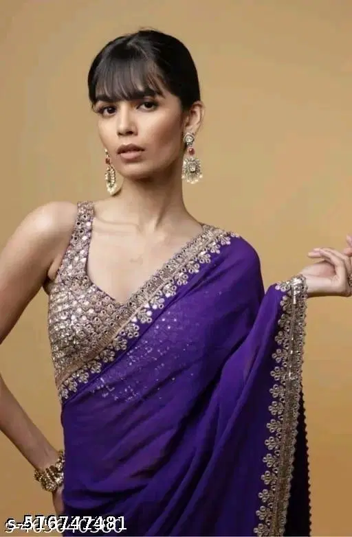 Georgette Solid Saree For Women, Purple