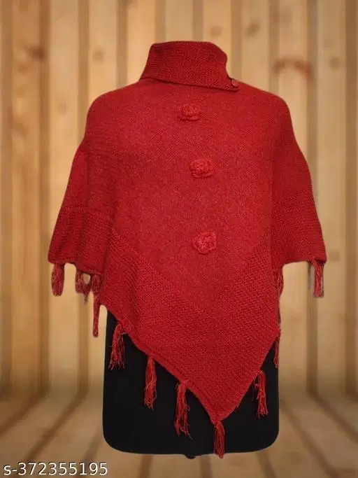 Woolen Poncho for Women (Red, Free Size)