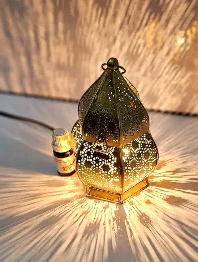 Metal Decorative Electric Moroccan-Style Oil Burner with Oil, 10 ml, Gold, Set of 1