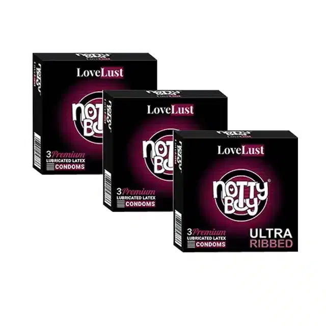 Notty Boy 3 Pcs Love Lust Ultra Ribbed Condoms for Men, Set of 3
