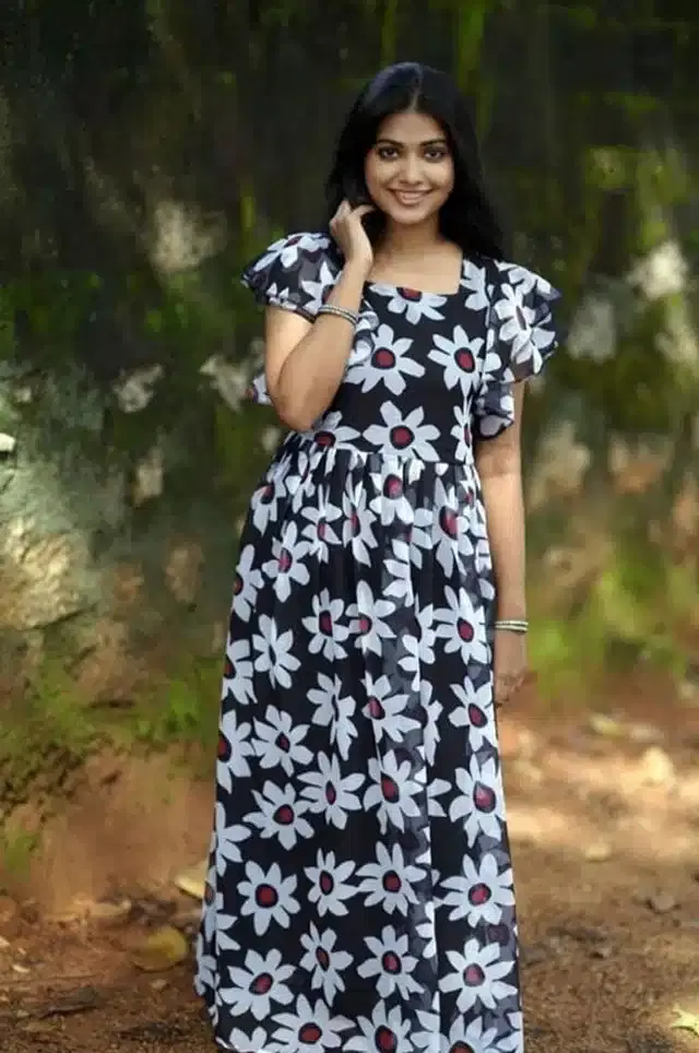 Women's Floral Print Flared Anarkali Gown (Black, M)