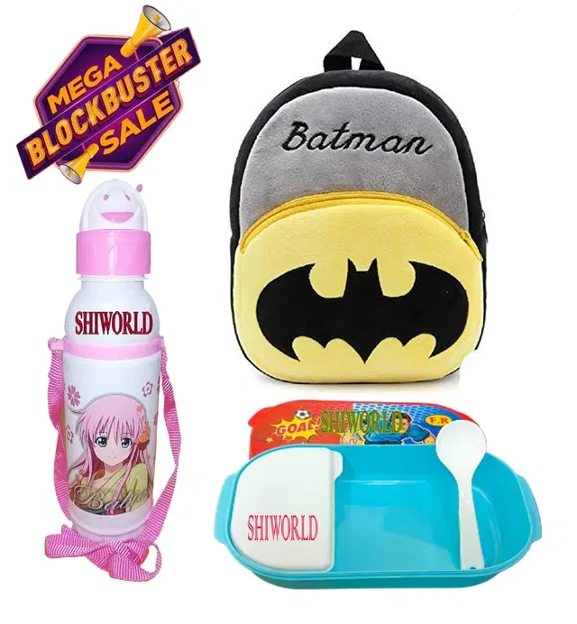 Combo of School Bag with Lunch Box & Water Bottle for Kids, Multicolor, Set of 3