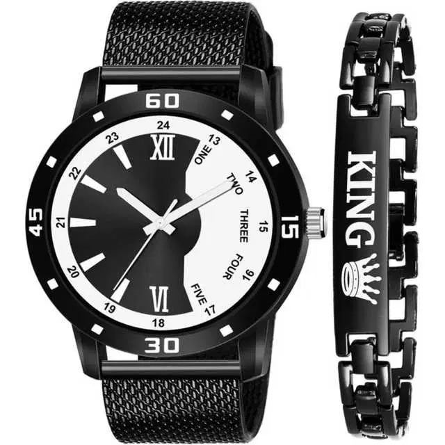Casual PU Analog Watch With Bracelet Men, Pack Of 2 (Black) (MP-163)