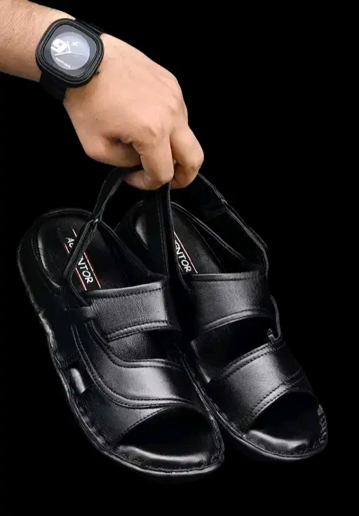 Synthetic Leather Sandals for Men (Black, 6)