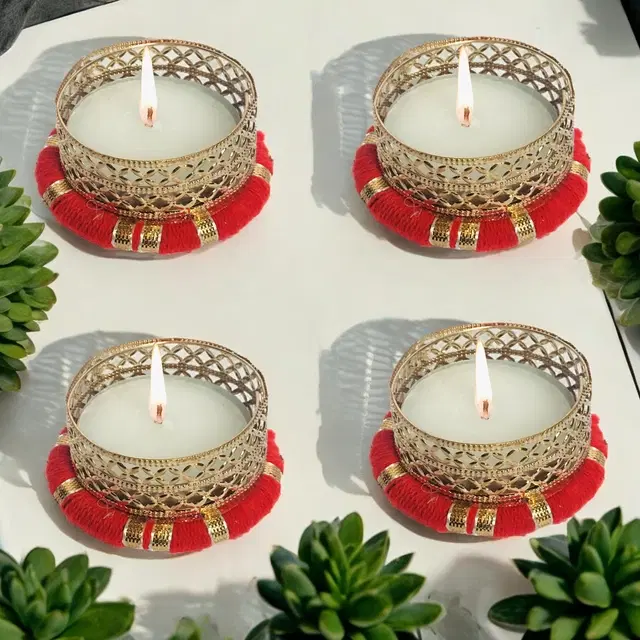 Metal Designer Tealight Candle Holder, Red, 5x5x2 cm, Pack of 4