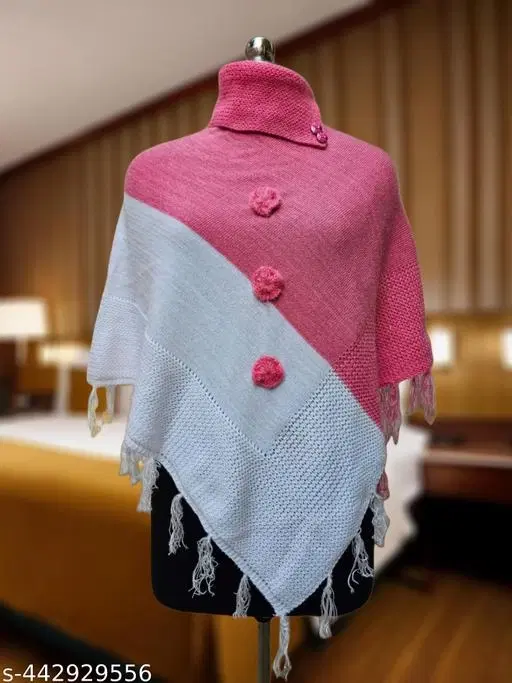 Woolen Poncho for Women (Pink & White, Free Size)