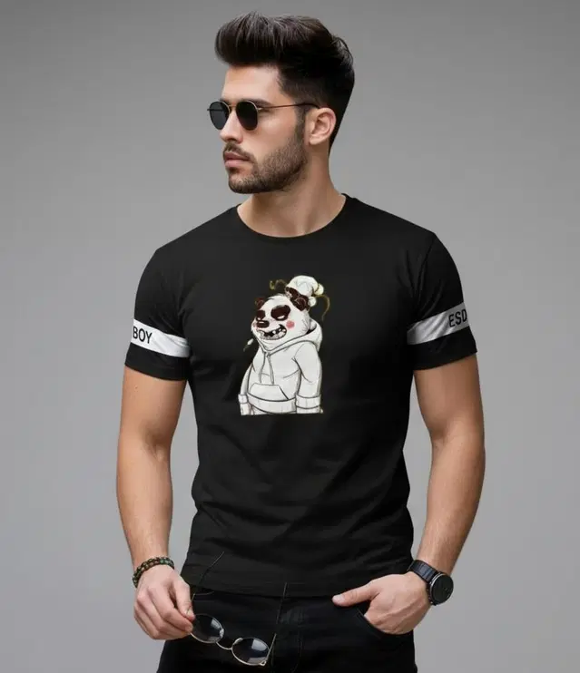 Polyester Printed T-shirt for Men, Black (XL)