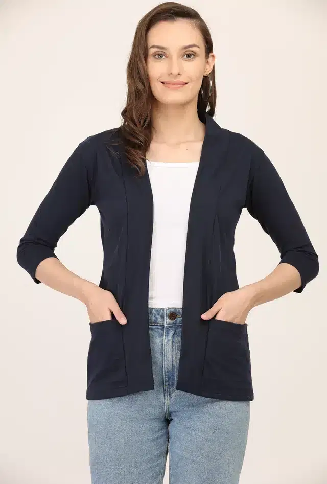 Cotton Solid Shrug for Women (Navy Blue, S )