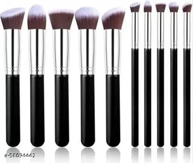Premium Makeup Brushes, Black & Silver, Set of 10
