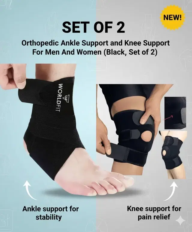 Orthopedic Ankle Support and Knee Support For Men And Women (Black, Set of 2)