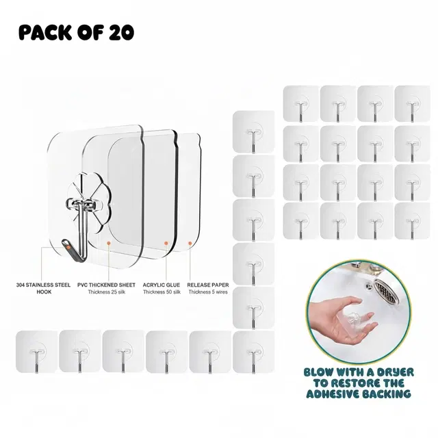Plastic Wall Hooks, Transparent (Pack of 20)