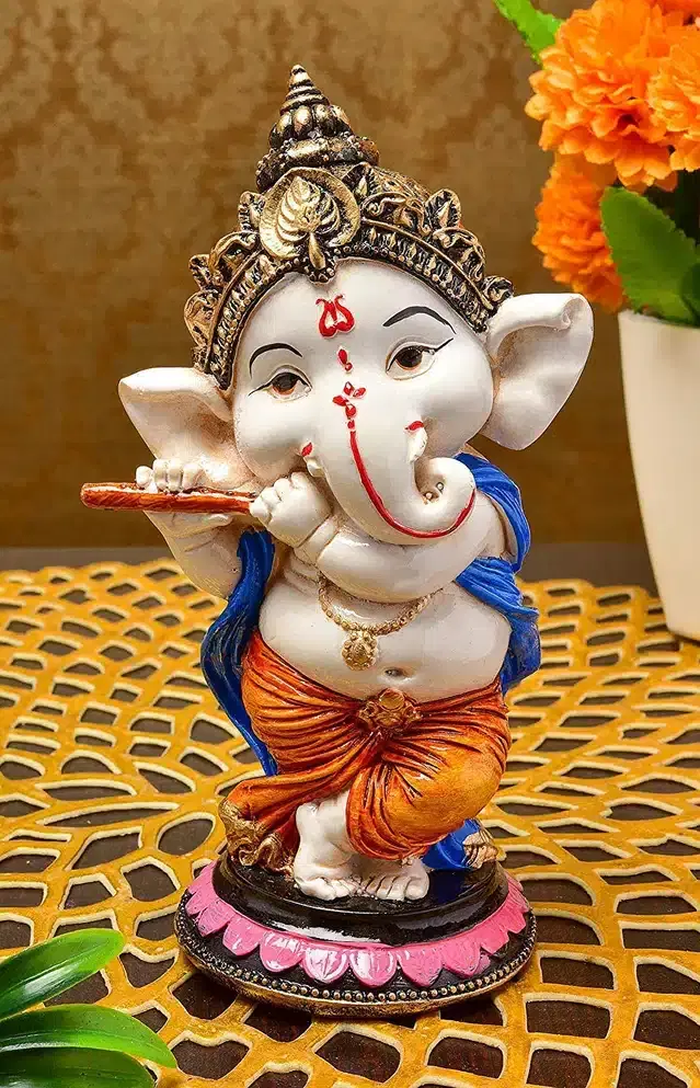 Resin Flute Ganesh Idol for Home & Office Decor, Multicolor