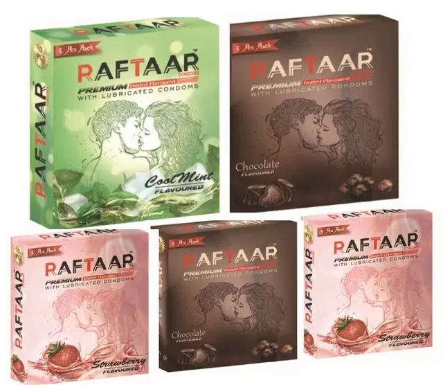Raftaar Ultra Thin Condom For Men, Mixed With Chocolate,Coolmint,Stawberry Flavored, 5X3 Pc, Pack Of 5
