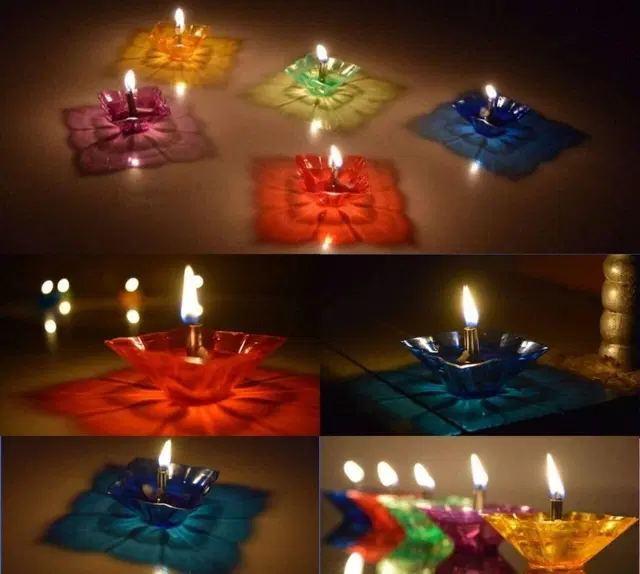 Plastic 3D Shadow Reflection Floating Diwali Diyas, Multicolor, Pack of 12