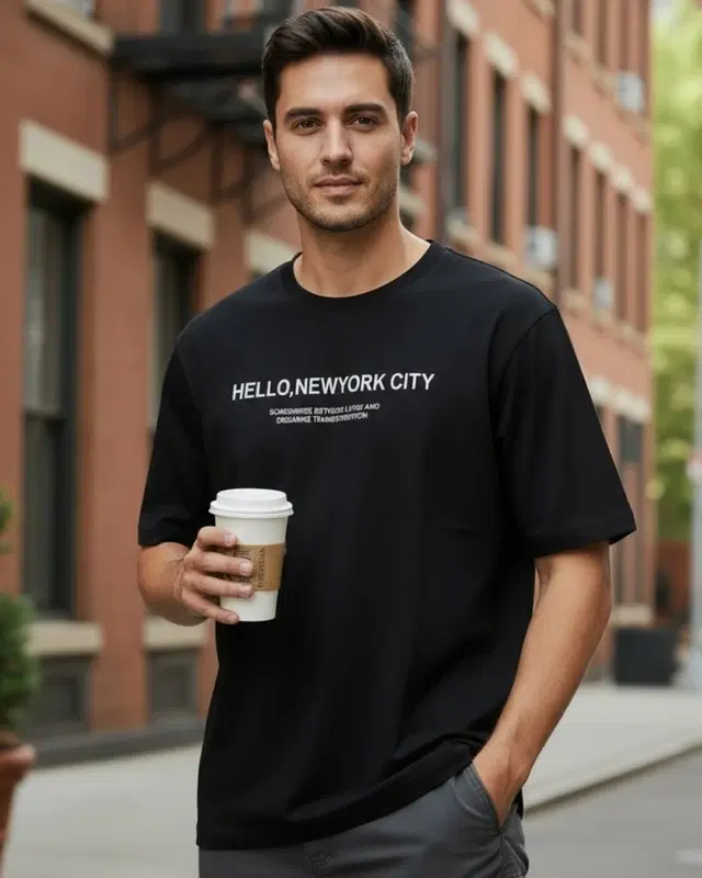 Cotton Blend Printed T-Shirt for Men, Black (L)