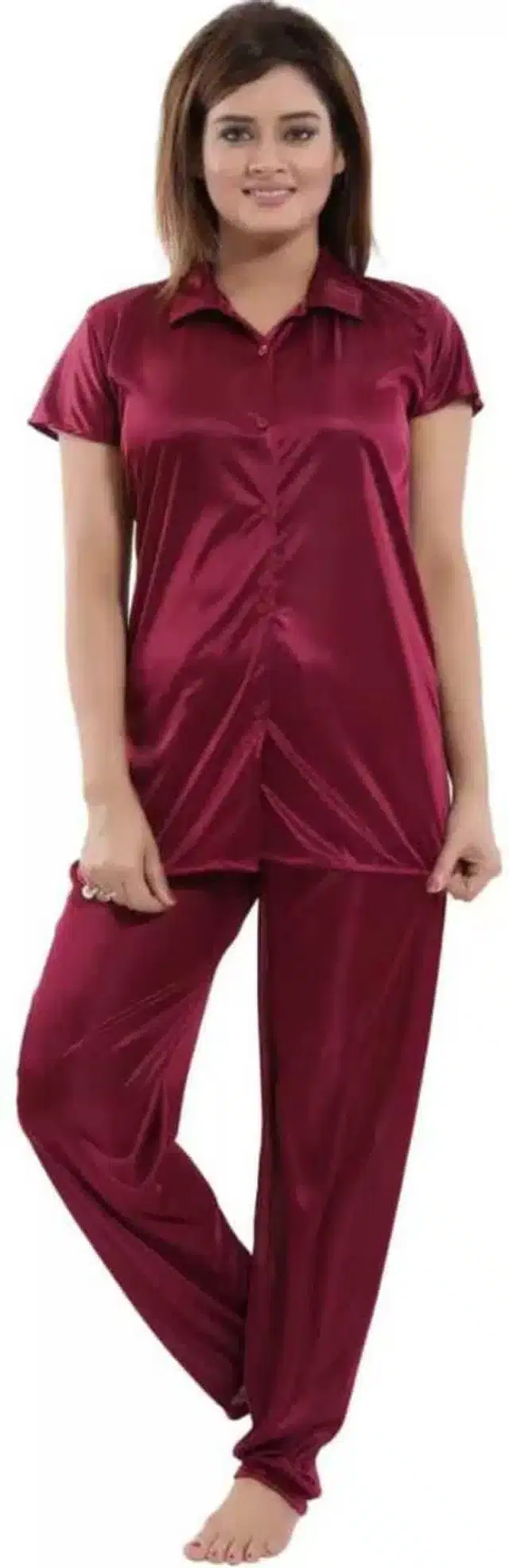 Satin Solid Night Suit for Women (Maroon, L)
