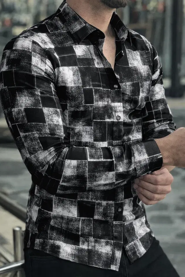 Lycra Geometric Print Shirt for Men, Grey (XL)