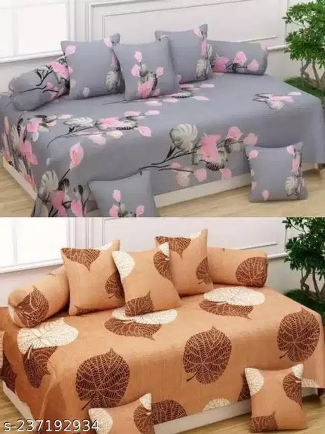 Polycotton Diwan Cover Set, Grey & Tan, Combo of 2