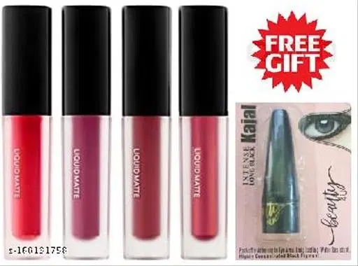4 Pcs Liquid Lipstick with Kajal, Multicolor, Set of 2