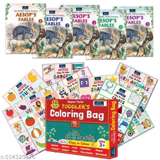 Super Cute Toddlers Coloring Bag + The Fantastic Fables Treasury Aesop’s Fables Parts 1 to 5 – Set of 6 Fun and Educational Books for Toddlers