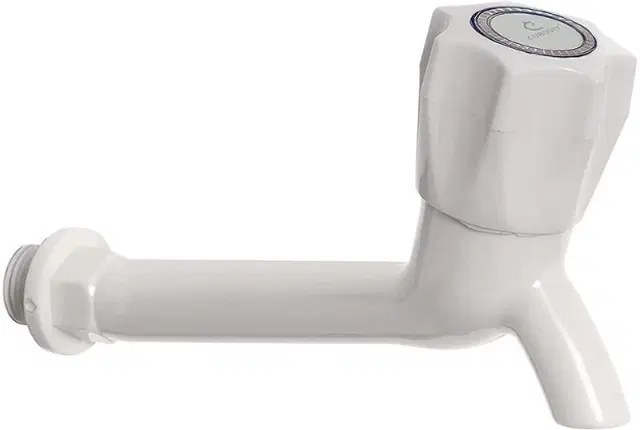 Plastic Long Body Bib Cock Tap with Wall Flange, White, Set of 1