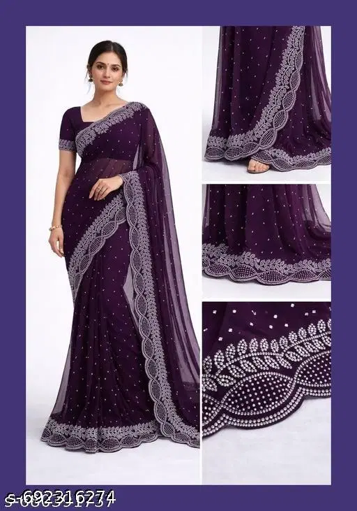 Poly Chiffon Solid Saree For Women, Purple