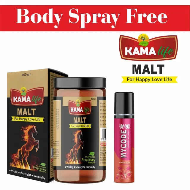 Kama Life Malt Ayurvedic Stamina Powder, 400 g with Free Mycode Sweet 16 Perfume Body Spray, Set of 2