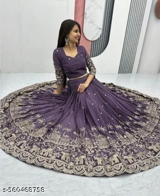 Embroidered Lehenga Choli for Women (Purple, Semi Stitched)