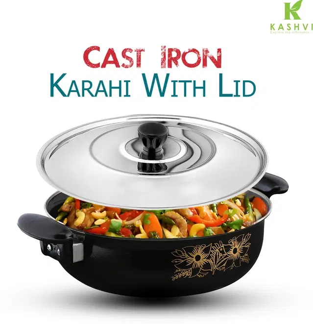 Cast Iron Kadai with Lid, Black & Silver, 28 cm