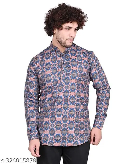 Cotton Blend Printed Short Kurta for Men, Multicolor (L)