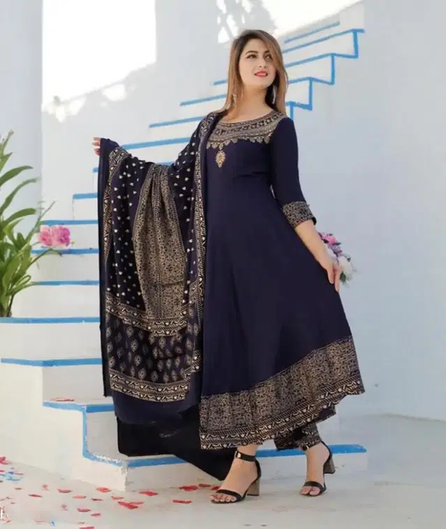 Rayon Printed Kurti with Dupatta for Women (Navy Blue, M)
