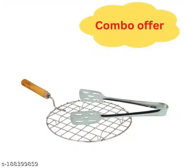 Stainless Steel BBQ Grill with Cooking Tong, Silver, Set of 2