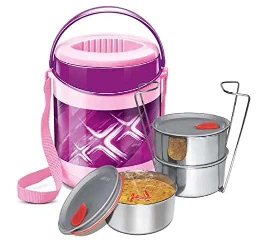 Milton Econa Deluxe 3 Stainless Steel Containers with Steam Vent 260 ml Each, PU Insulated, Hot & Cold Leak-Proof Lunch Box for Office, College, Picnic, Pink
